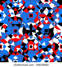 Colorful geometric abstract pattern with variety of shapes and colors in 1970s fashion style. Multicolor vector seamless background.
