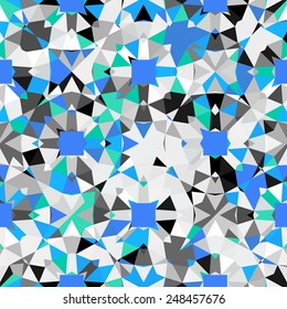 Colorful geometric abstract pattern with variety of shapes and colors in 1970s fashion style. Multicolor vector seamless background.