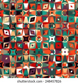 Colorful geometric abstract pattern with variety of shapes and colors in 1970s fashion style. Multicolor vector seamless background.
