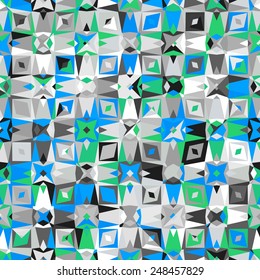 Colorful geometric abstract pattern with variety of shapes and colors in 1970s fashion style. Multicolor vector seamless background.