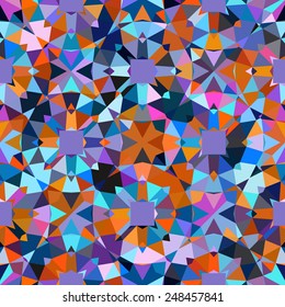 Colorful geometric abstract pattern with variety of shapes and colors in 1970s fashion style. Multicolor vector seamless background.