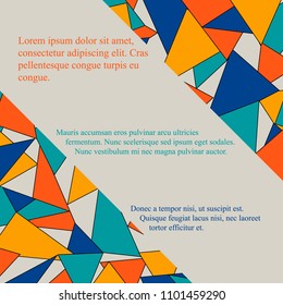 Colorful geometric abstract poster with blue, orange, yellow and green triangles. Vector illustration.