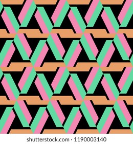 Colorful geometric abstract seamless pattern with stripes trendy isolated on black background. Vector illustration for fashion wrapping and textile print.