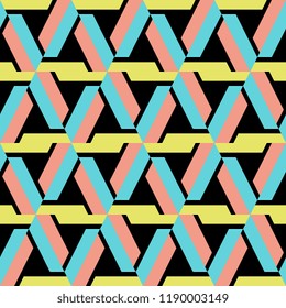 Colorful geometric abstract seamless pattern with stripes trendy isolated on black background. Vector illustration for fashion wrapping and textile print.