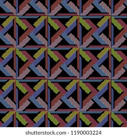 Colorful geometric abstract seamless pattern with stripes trendy isolated on black background. Vector illustration for fashion wrapping and textile print.