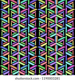 Colorful geometric abstract seamless pattern with stripes trendy isolated on black background. Vector illustration for fashion wrapping and textile print.