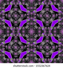 Colorful geometric abstract vector seamless pattern. Modern ornamental geometrical background in violet tones. Tribal ethnic style repeat ornament with squares, triangles, rhombus, cross, rectangles.