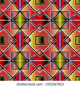 Colorful geometric abstract vector seamless pattern. Geometrical shapes mosaic background. Repeat ornamental backdrop. Symmetrical geometry ornament. Grunge chalk stripes, lines, rhombus, squares.