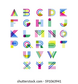 Colorful geometric alphabet. Latin decorative font symbols. Vector logo design elements. Overlapping creative font isolated on white background.