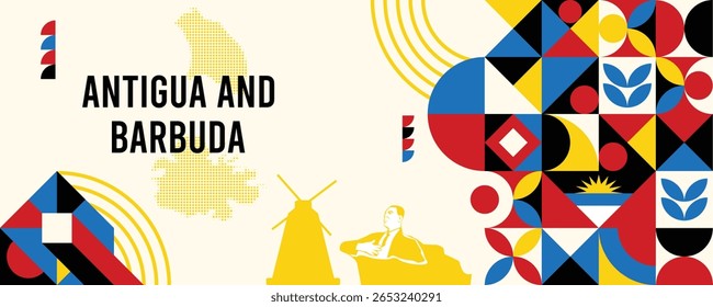 Banner geométrico colorido de Antígua Barbuda com símbolos culturais e elementos de bandeira