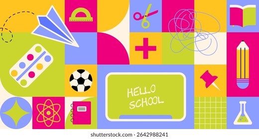 Colorful geometric back to school pattern - mosaic grid layout with educational icons like scissors, pencil, book, soccer ball, paint palette and chalkboard for academic design or classroom decoration