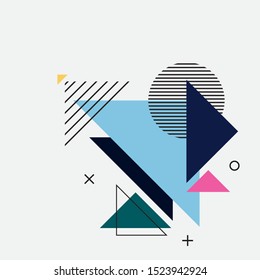 Colorful geometric background. Abstract geometric triangles background. Trendy geometric elements memphis cards. Template for poster, backdrop, book cover, and brochure. Vector illustration 