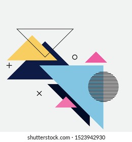 Colorful geometric background. Abstract geometric triangles background. Trendy geometric elements memphis cards. Template for poster, backdrop, book cover, and brochure. Vector illustration 