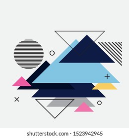 Colorful geometric background. Abstract geometric triangles background. Trendy geometric elements memphis cards. Template for poster, backdrop, book cover, and brochure. Vector illustration 