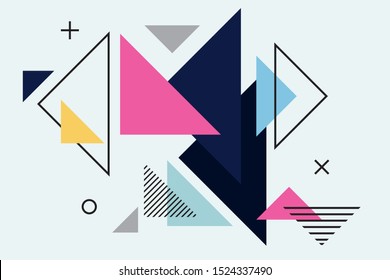 Colorful geometric background. Abstract geometric triangles background. Trendy geometric elements memphis cards. Template for poster, backdrop, book cover, and brochure. Vector illustration 