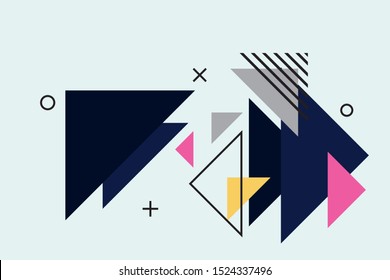 Colorful geometric background. Abstract geometric triangles background. Trendy geometric elements memphis cards. Template for poster, backdrop, book cover, and brochure. Vector illustration 