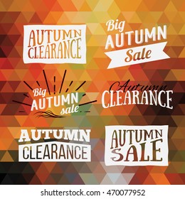 Colorful geometric background card with set of autumn sale logos. Vintage autumn geometric clearance banner. Vector Orange Poster.