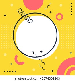 Colorful geometric background featuring a prominent blank white circle surrounded by playful Memphis design elements like squiggly lines, dots, and plus signs