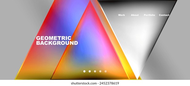 A colorful geometric background featuring triangles in shades of orange, magenta, and sky blue on a gray backdrop, creating a symmetrical and visually appealing pattern reminiscent of glass pyramids