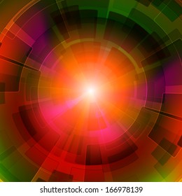 Colorful geometric background with rectangles in a circle and orange flare in center. 