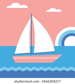 Bunte geometrische Hintergrund mit Segelboot. Reise- und Sommerferienkonzept. Sonnenuntergang. Sommerurlaub. Flache Vektorillustration.