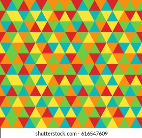 Colorful geometric background with triangles in bright colors. Modern decorative seamless pattern. Retro texture. Vector illustration.