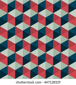 Colorful geometric background with triangles. Seamless repeating pattern. Vector illustration. Triangles form rhombs and hexagons. Red, blue and gray color. Abstract retro background design.