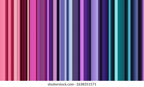 Colorful geometric background with vibrant vertical stripes of unique shapes with 3d lighting effects, depth and contrast. Bright and bold vertical lines of spatial geometry arranged randomly. Vector