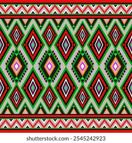 A colorful geometric band featuring diamonds and triangles in red, green, black, and white, with a zigzag border.