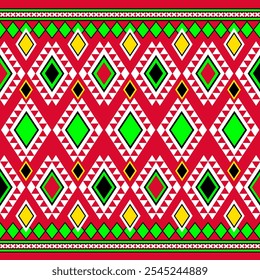 A colorful geometric band featuring diamonds and triangles in red, green, black, white, and yellow.