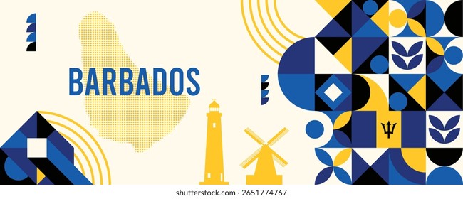 Colorful Geometric Barbados Banner with Cultural Symbols and Flag Elements