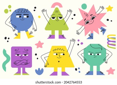 Colorful geometric basic shapes with different emotions. Funny characters. Modern various figures with happy sad angry smiley faces for children education.