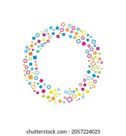 Colorful geometric circles, squares frame - wreath. Abstract vector background with colorful circles, squares shapes consisting of spherical geometric particles. Colorful halftone.