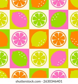 Projeto de padrão quadrado sem emenda de frutas cítricas geométricas coloridas para o fundo das férias de verão.