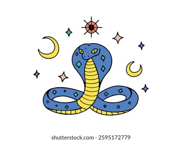 Colorful Geometric Cobra Illustration with Celestial Elements