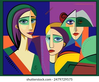 A colorful and geometric composition showcases the stylized faces of three individuals, each rendered with distinct yet harmonious shapes and lines. 