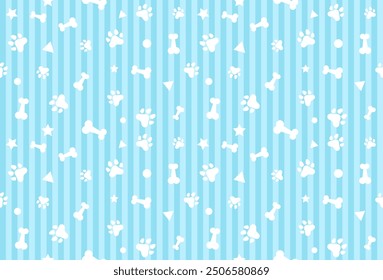 Colorful Geometric Confetti And Cute Cat Or Dog Paw Pattern With Striped Line Blue Background. Wallpaper. Vector Illustration