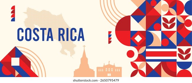 Banner geométrico colorido da costa rica com símbolos culturais e elementos de bandeira