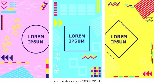 Colorful geometric cover minimal design. Trendy bright geometric abstract background set. Violet, blue and yellow color vector illustration