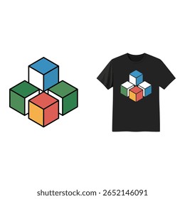 Colorful Geometric Cube Design on Black T Shirt Mockup Modern Minimalist Style