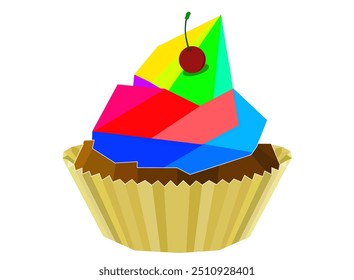 Colorful geometric cupcake illustration with a cherry on top