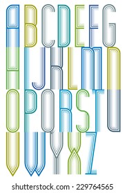 Colorful geometric decorative splicing font, letters for greeting postcards with outline.