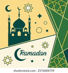 A colorful geometric design featuring a mosque, crescent moon, and stars, perfect for Ramadan celebrations and Islamic cultural events.