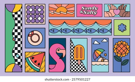 Colorful geometric design with playful patterns. Features flamingo, watermelon, and popsicle. Vibrant colors and bold shapes create a lively, artistic vibe. Summer vacation illustrations, vector set.