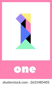 Colorful geometric design representing the number one in a playful and modern style featuring various shapes.Tangram puzzle for children. Educational card for children 