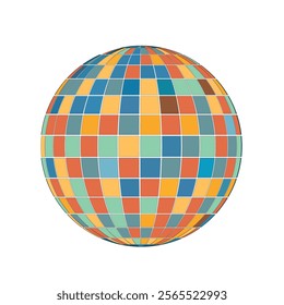 Colorful geometric disco ball with a mosaic tile pattern on a white background. Design for retro party and celebration theme