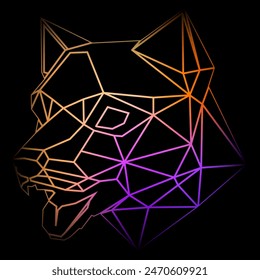 Cabeza de perro geométrica colorida sobre un fondo negro con líneas de degradado, dibujo de líneas, iluminación de neón. Arte vectorial, sots art, bajo poli, cubo-futurismo, pegatina, avatar de dibujos animados, logotipo animal diseño surrealista