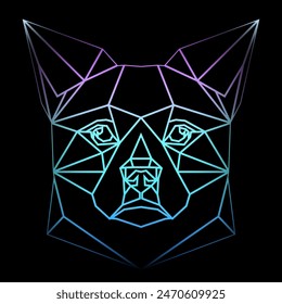 Cabeza de perro geométrica colorida sobre un fondo negro con líneas de degradado, dibujo de líneas, iluminación de neón. Arte vectorial, sots art, bajo poli, cubo-futurismo, pegatina, avatar de dibujos animados, logotipo animal diseño surrealista