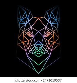 Cabeza de perro geométrica colorida sobre un fondo negro con líneas de degradado, dibujo de líneas, iluminación de neón. Arte vectorial, sots art, bajo poli, cubo-futurismo, pegatina, avatar de dibujos animados, logotipo animal diseño surrealista