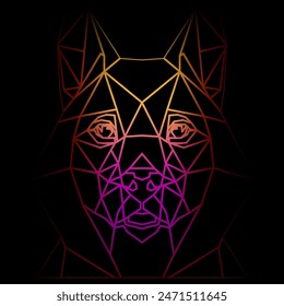 Cabeza de perro geométrica colorida sobre un fondo negro con líneas de degradado, dibujo de líneas, iluminación de neón. Arte vectorial, sots art, bajo poli, cubo-futurismo, pegatina, avatar de dibujos animados, logotipo animal diseño surrealista